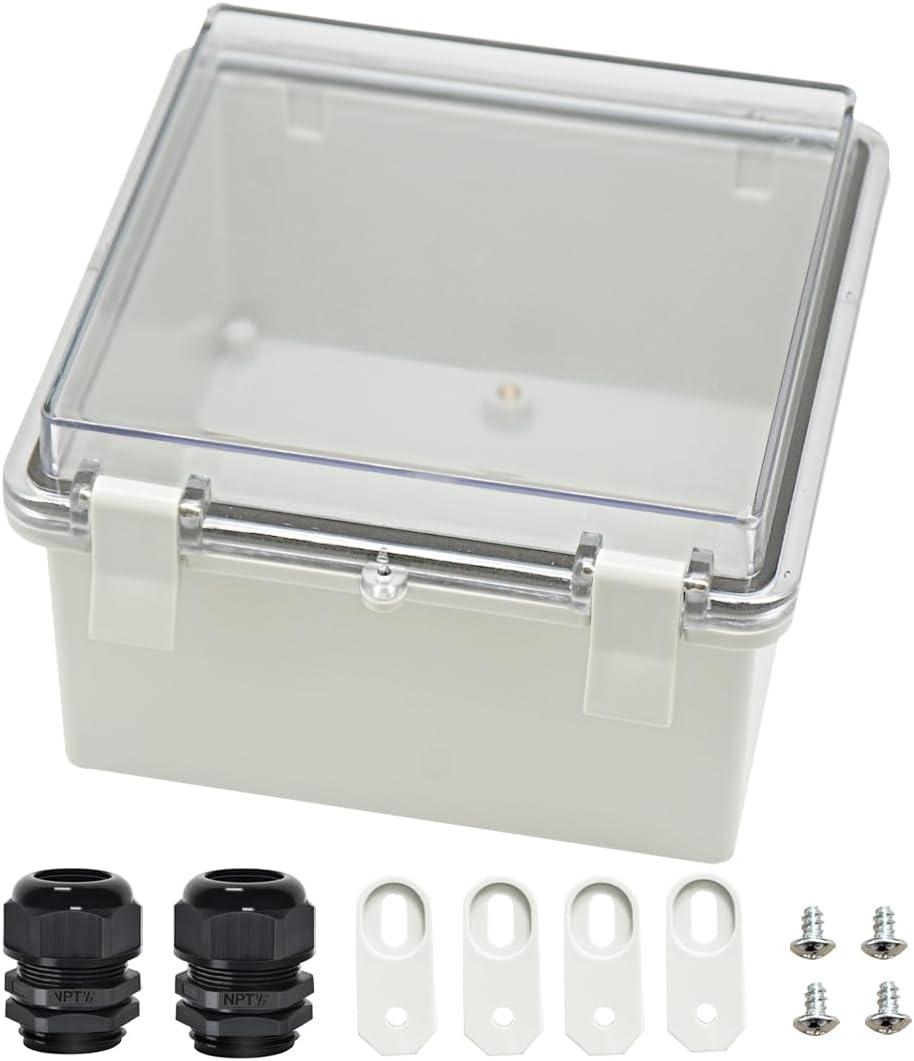 Zulkit Junction Box ABS Plastic Dustproof Waterproof IP65 Electrical Boxes Hinged Shell Outdoor Universal Project Enclosure Clear Cover with 2 Cable Glands 5.9 x 5.9 x 3.5 inch (150x150x90 mm)