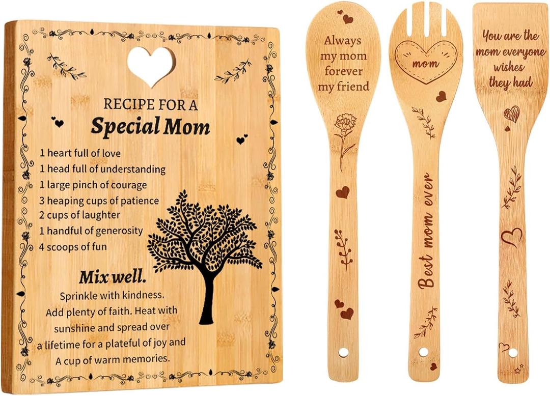 Birthday Gifts for Mom – "Recipe for a Special Mom" Bamboo Cutting Board Set with Engraved Unique Mom Birthday Gifts from Daughter or Son,Mother's Day,New Mom & Step Mom Gift