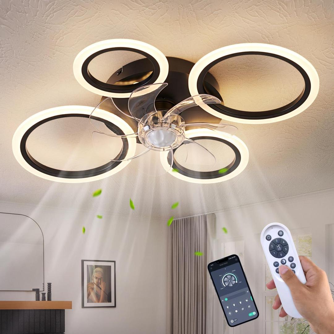 26" Geometric Ceiling Fan with Lights Remote Control, 3 Colors, 6 Speeds, Bladeless, Low Profile for Kitchen, Bedroom, Small Large