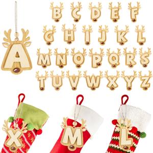 26 Pcs Christmas Initial Stocking Letter Tags Cute Reindeer Letter Ornaments Wooden Deer A-Z Alphabet Name Tags for Christmas Rustic Decor(Yellow Letter)