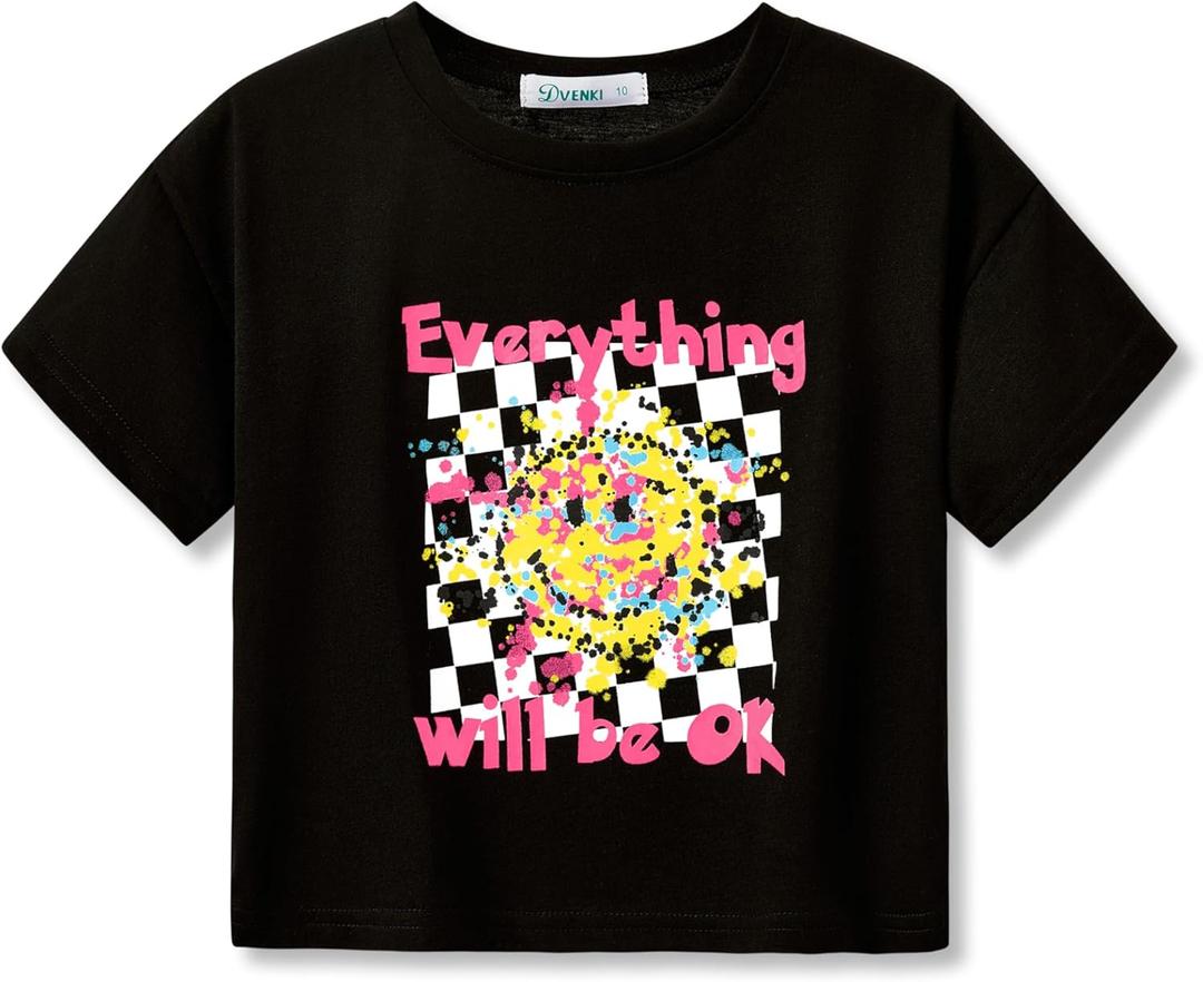 Stylish Graphics Bright Base Color - Cute Crop Top for Little & Big Girls - Summer T-Shirt Clothes Tween Size 6-18 (10, Black Face)
