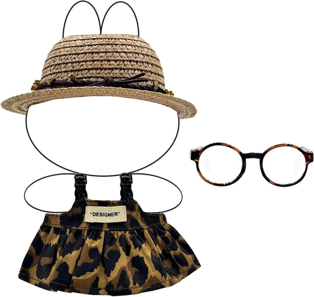 2 x Dolls Clothes Set for 17cm Doll,3 Piece Set Outfits for Dolls Accessories,Leopard Print Glasses+Leopard Print Dress+Straw Hat