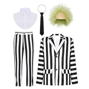 WATCPNO 6 Pcs Scary Halloween Costumes for Men - Black and White Striped Suit 80s Horror Cosplay Party Outfit (XL)