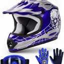 TCT-MOTORPARTS DOT Kids Youth Motocross Helmets ATV Off-Road Dirt Bike Motorcycle Full Face Blue Skull Helmet+Gloves+Goggles Medium