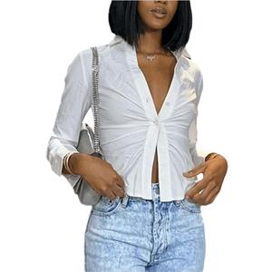 Women's Button Down Shirts Ruched Long Sleeve Blouses Slim Fit Fall Tops (White, M)