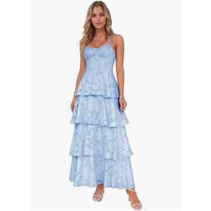 Jacquard Floral Tiered Bridesmaid Dresses Long for Women Spaghetti Straps Prom Dress A Line Formal Evening Gowns, Size L