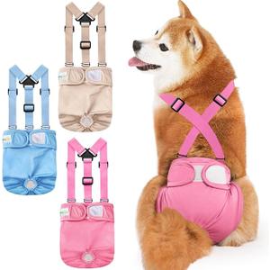 Idepet Female Dog Diapers with Suspender Detachable, 3 Pack Washable Reusable Girl Doggie Diapers for Small Medium Female Dog in Heat Period Cycle Urinary Incontinence Training XS