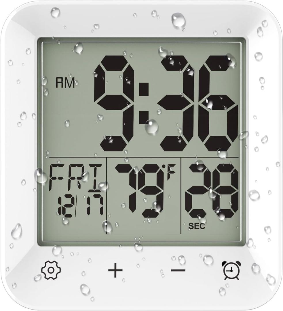 Digital Shower Clock Waterproof, Bathroom Wall Clock Timer with Touch Screen, Temperature, LCD Display, Suction Cup Hanging Hole Stand for Kids and Adults (White)