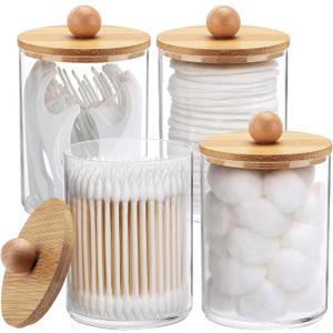 Tbestmax 4 Pack Qtip Holder, 10-Ounce Bathroom Organizer Accessories Storage Containers Clear Plastic Apothecary Jars with Bamboo Lids for Cotton Ball, Cotton Swab, Floss