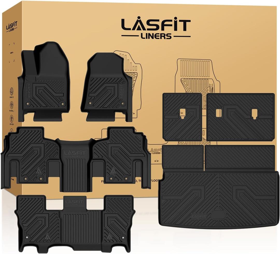 LASFIT Floor Mats & Trunk Mat for Jeep Wagoneer 2022-2025 8 Seaters (NOT for 7 Passengers/Wagoneer L/Wagoneer S) All Weather Custom Fit Car Floor Liners Black