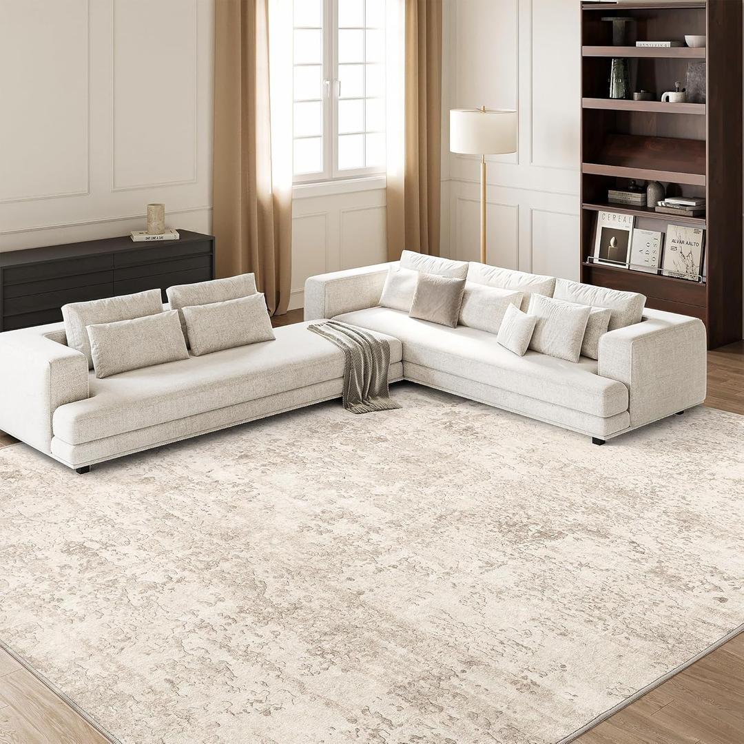 Art&Tuft Washable Rug, Ultra Thin Anti-Slip Backing Abstract 9x12 Rug, Low Pile Stain Resistant Rugs for Living Room, Foldable Machine Washable Area Rug (TPR53-Beige, 9'x12') (9' x 12' (Rectangular))