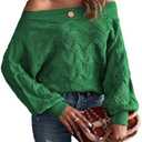 Verdusa Women's Off The Shoulder Sweater Top Dolman Sleeve Textured Knit Pullover Sweaters, Small, Green