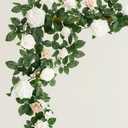 Ling's Moment 5FT White Artificial Flower Garland Fake Rose Green Leaves Floral Garland Arch Flowers Vine for Wedding Party Backdrop Decor Mantel Home Table Centerpieces Window Decorations