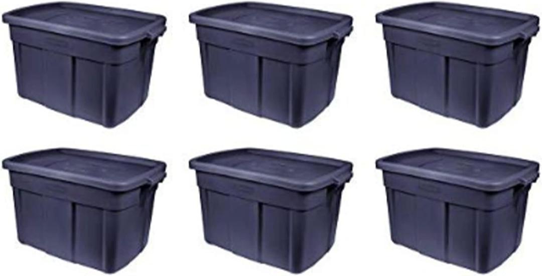 Rubbermaid Roughneck Tote 18 Gal, 6 Pack, Made in USA, Dark Indigo Metallic, Rugged Plastic Stackable Storage Bins with Lids and Handles
