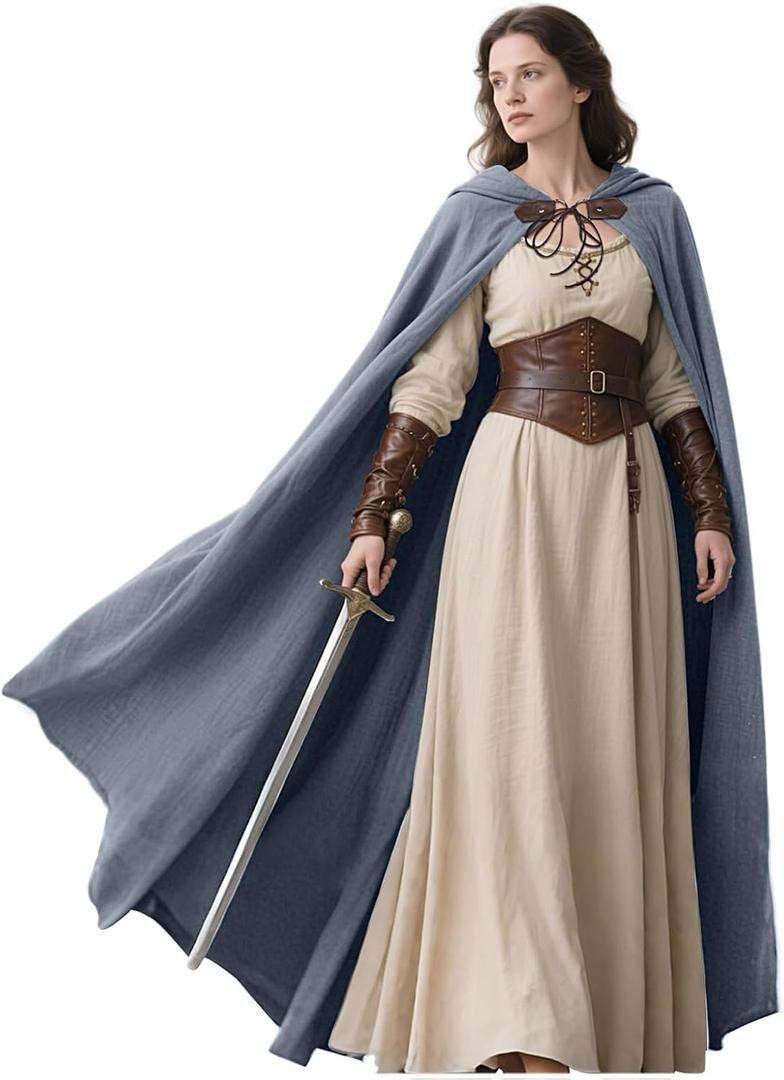 L'VOW Medieval Hooded Cloak Linen Renaissance Cape with Hood - Halloween Hobbit Cosplay Witch Wizard LARP
