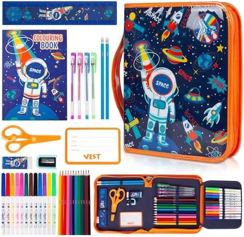 Space Markers Set with Glitter Pencil Case & Stationery, Art Supplies for Kids Ages 4-6-8, Arts Crafts Travel Coloring Kit for Boys 4 5 6 7 8 Year Old Birthday Gifts