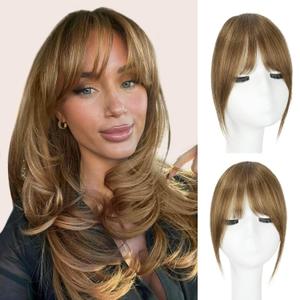 Clip in Bangs, 100% Human Hair French Fringe with Temples for Women Ash Beige Light Brown Clip on Fake Bangs Hairpiece Seamless Blend for Daily Wear