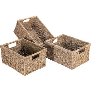 Large Wicker Basket Rectangular with Wooden Handles for Shelves, Seagrass Basket Storage, Natural Baskets for Organizing, Wicker Baskets for Storage - 3 Pack Large (Large - 14.5"x10.3"x7.5"H)