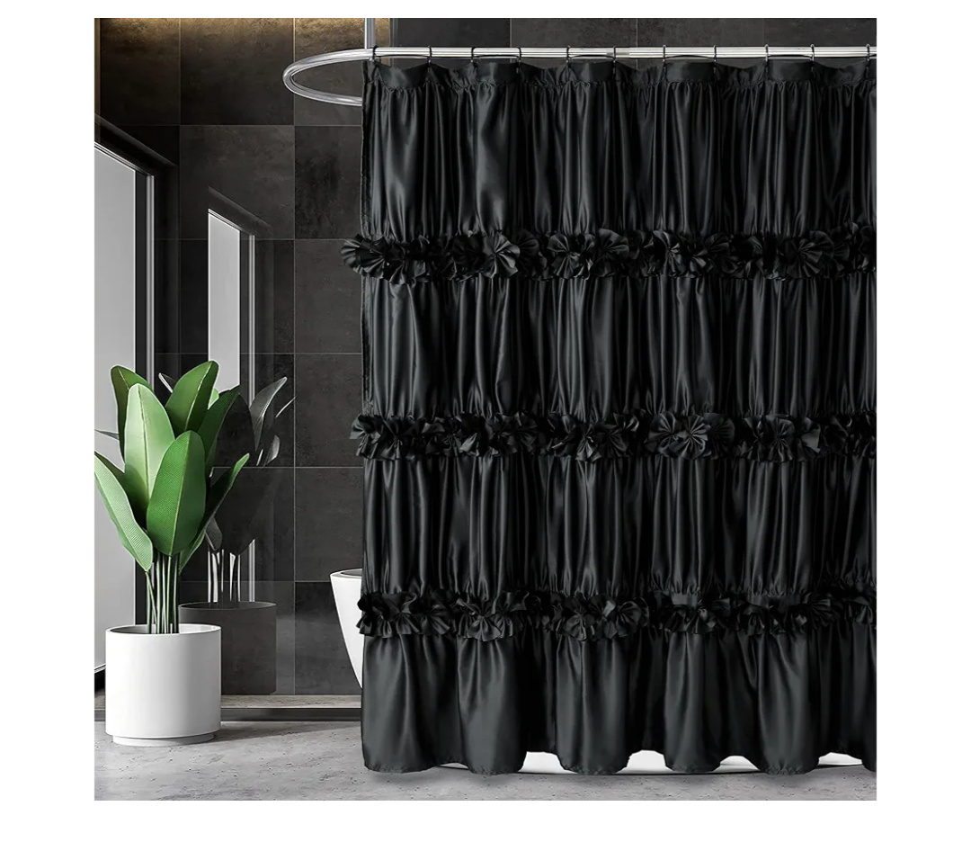 Black Ruffle Shower Curtain, Vintage Handcrafted Bow Tie Bath Curtain for Master Bathroom, Ruched Satin Bathroom Curtain with 12 Buttonholes, 72" W x 72" H (LQ-10)