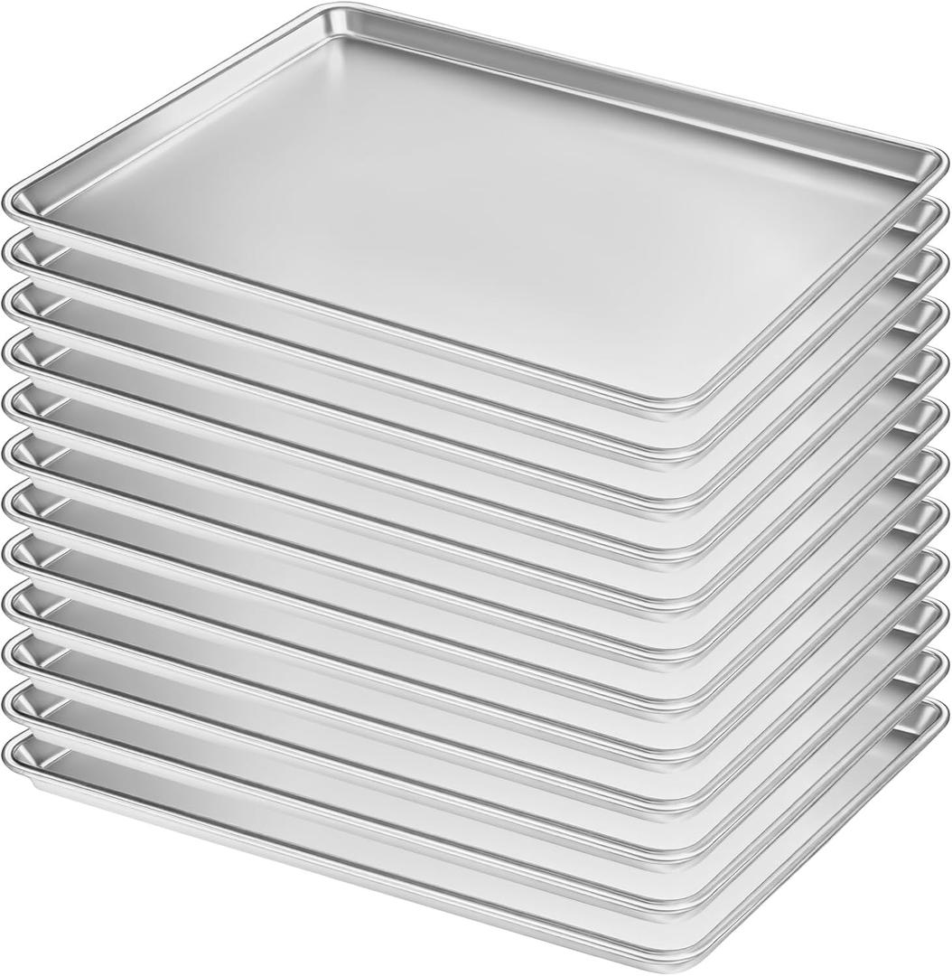 Full Size Commercial Quality Baking Sheet Pan, Bastwe Aluminum Cookie Tray Pan for Oven, Freezer, Bakery, Hotel Restaurant, Thick Steel Rim Prevents Warping (12 Pack, 26 x 18 Inch), 12pk Full Size Sheet
