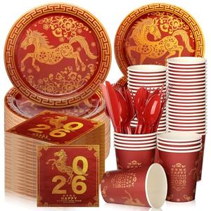Zhehao 210 Pcs Chinese New Year Decorations Lunar New Year Party Supplies 2026 Chinese Dinnerware Paper Plates and Napkins Cups Serve 30 Guests (Horse)