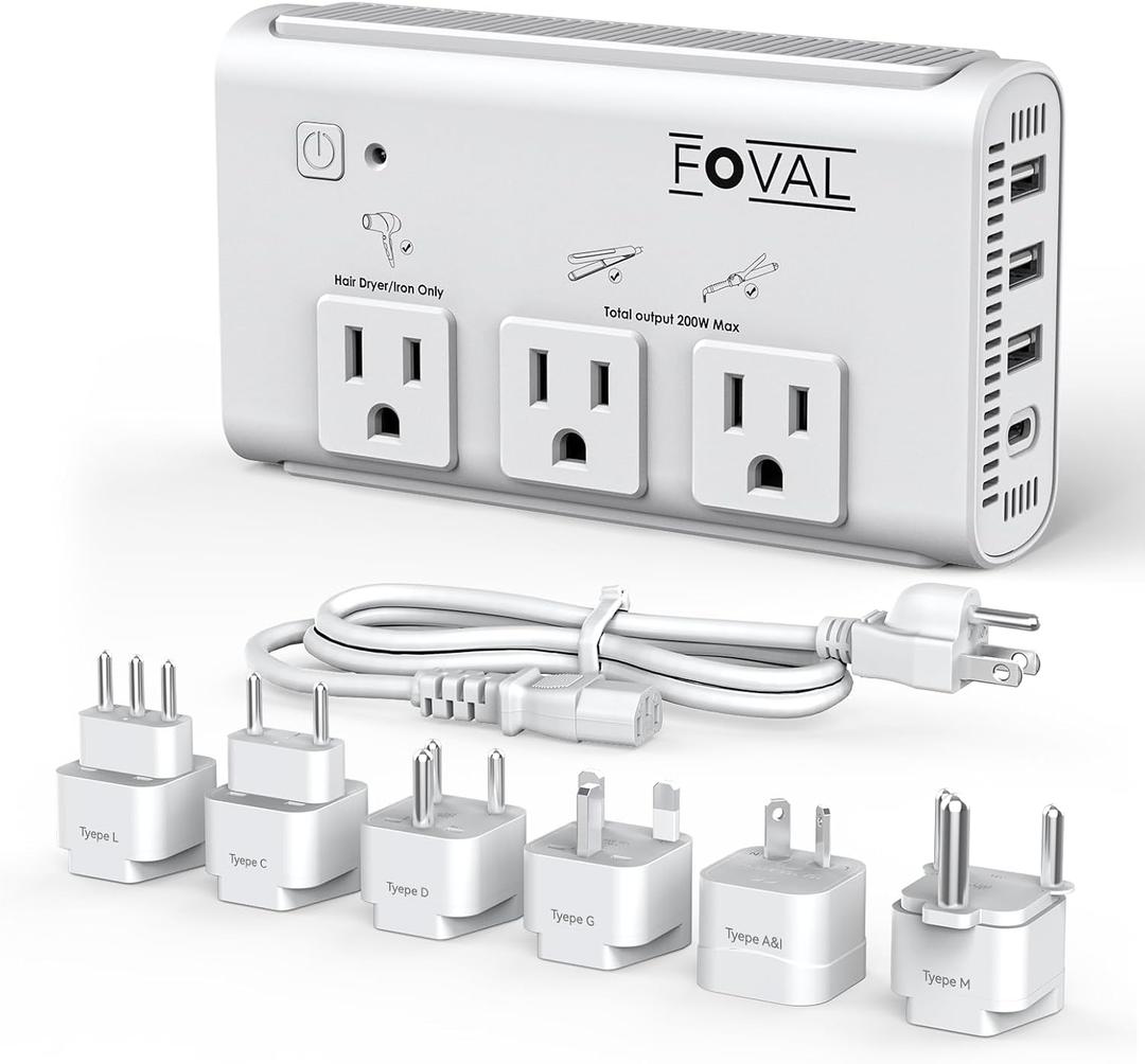 220V to 110V Travel Voltage Converter, FOVAL 2000W Power Converter for Hair Dryer, Straightener/Curling Iron with 4-Port USB (1 USB C), Step Down Transformer for US/EU/UK/AU/SA/Italy/India