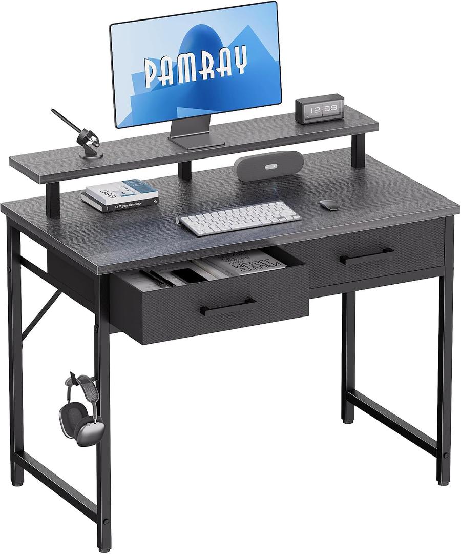 Pamray 32 Inch Small Computer Desk with Monitor Stand and 2 Drawers