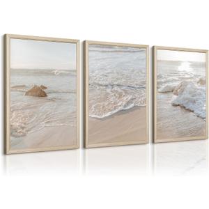 Beach Wall Art Decor Coastal Wall Art Pictures Ocean Canvas Wall Art Beige Beachy Wall Decor Boho Beach Prints Ocean Painting Coastal Artwork for Bedroom Living Room 12x16 Inch Wood Framed Set of 3