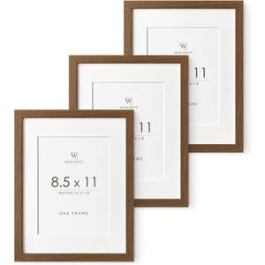 8.5x11 Picture Frame, Solid Oak Wood 8.5 by 11 Picture Frame with Mat to 6x8(Opening Size is 5.5x7.5), 11x8.5 Natural Oak Frames for Wall and Tabletop Display, (Walnut Set of 3)