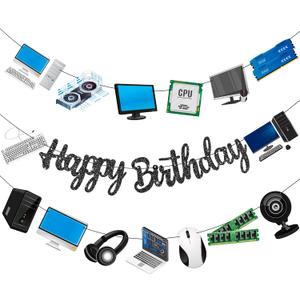 Computer Birthday Party Decorations Black Happy Birthday Banners Decorations for Intelligence Computer Theme Birthday Party Baby Shower Supplies