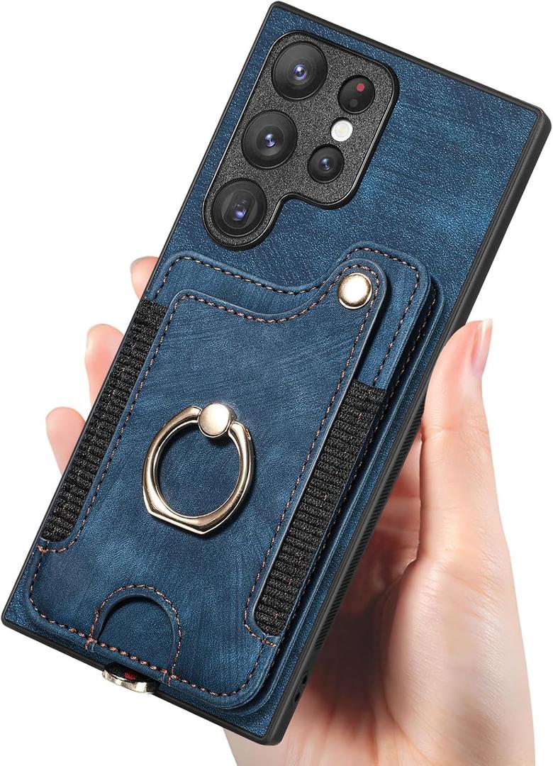 AJMIPO-Card Holder Case for Samsung Galaxy S24 Ultra/S24 Plus/S24 Matte Leather Phone Cover with Ring Support Vehicle Magnetic Suction(S24 Ultra,Purple) (S24 Ultra,Blue)