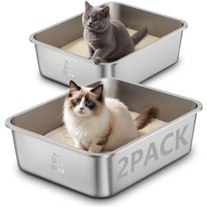 Qiuma 2 Packs Stainless Steel Cat Litter Box, 17.6" L×13.6" W×6" H, Metal Kitty Litter Box with High Sided for Small Cats, Non-Stick, Easy to Clean, Odor-Free