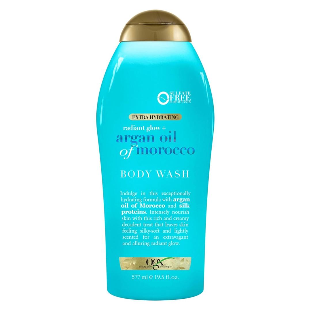 OGX Radiant Glow + Argan Oil of Morocco Extra Hydrating Body Wash for Dry Skin, Moisturizing Gel Cleanser for Silky Soft Skin, Body Wash for Women, Sulfate-Free Surfactants, 19.5 fl oz