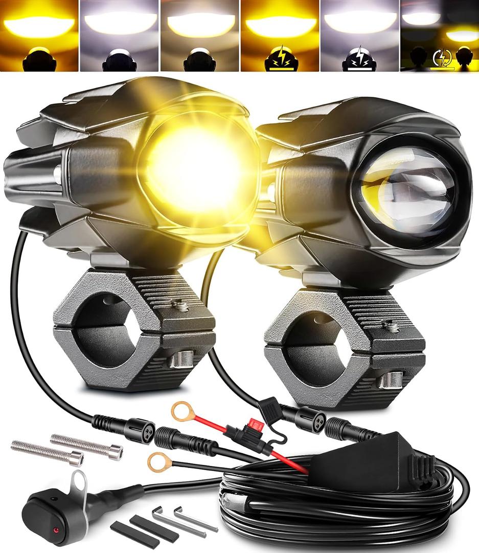 Motorcycle Auxiliary Lights Kit, LEDMIRCY Luces Exploradoras Para Moto with Switch Wiring Harness LED Fog Spot Light 6Modes White/Amber Strobe Offroad Driving Light with Memory Function IP68 Waterproof