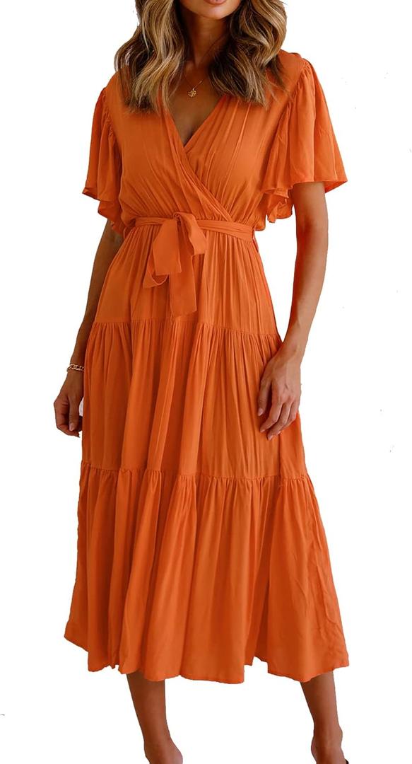 R.Vivimos Summer Dress for Women Cotton Ruffle Short Sleeves V Neck Casual Flowy Midi Dress with Belt (Small)