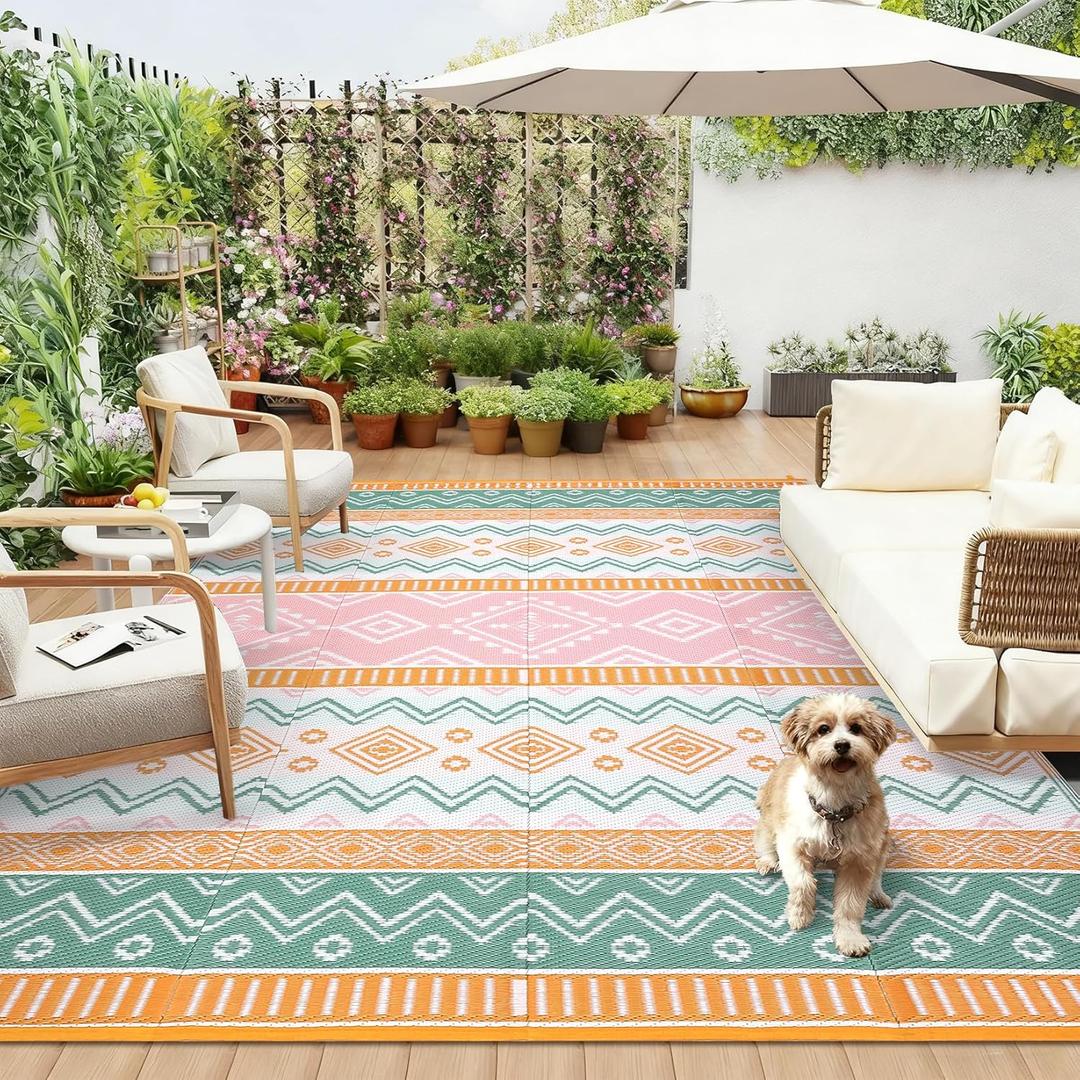 GarveeHome 9x12 Outdoor Area Rug Waterproof Plastic Straw Rug, Reversible RV Mat, Stain-Resistant Indoor Outdoor Carpet for Picnic, Deck, Balcony, Beach, Patio Yellow/Green/Gray/White