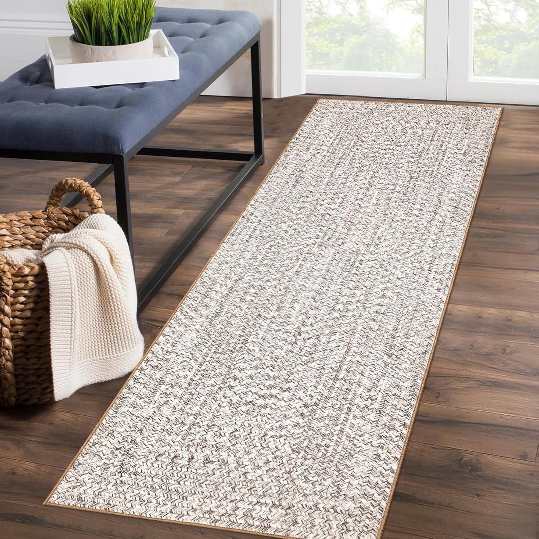 ROYHOME Runner Rug Print Braided Hallway Runner Washable Entryway Rug, Stain Resistant Non-Slip Area Rug Farmhouse Solid Printed Textured Carpet for Bedroom Laundry Kitchen, Beige/Grey, 2' x 6'