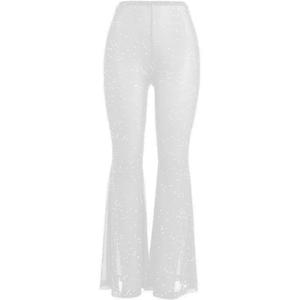 Women Rave Mesh Sheer Pants Flared Bell Bottom Pants for Dance Festival Clubwear (X-Small, White)
