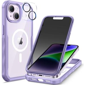 seacosmo for iPhone 14 Plus Case, Full Body Bumper with Built-in 9H Tempered Glass Privacy Screen and Camera Lens Protector, Compatible with MagSafe, Shockproof Phone Case, 6.7", Light Purple