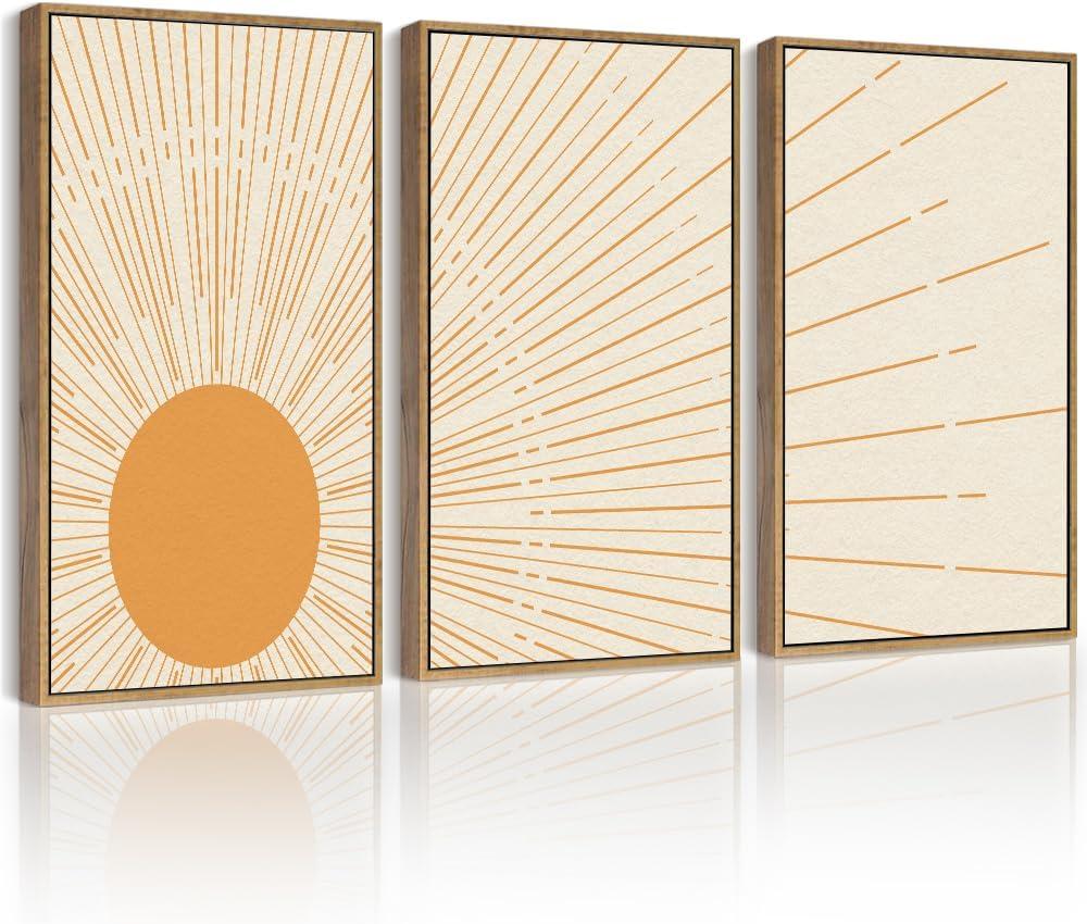 PHOPAGO Boho Sun Wall Art Minimalist Bohemain Framed Wall Printing Large 16x24in Sun Lines Warm Prints Decor - Natural Framed