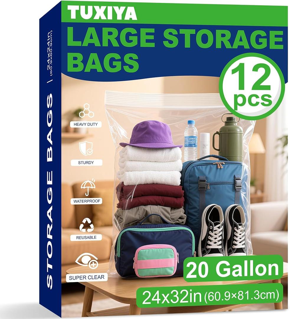 TUXIYA 12PACK 20 Gallon Extra Large Zipper Plastic Bags for Storage 24'' x 32'',Extra Large Clear Zipper Bags Reusable for Clothes, Home Moving, Travel, Camping, Thick 6 Mil