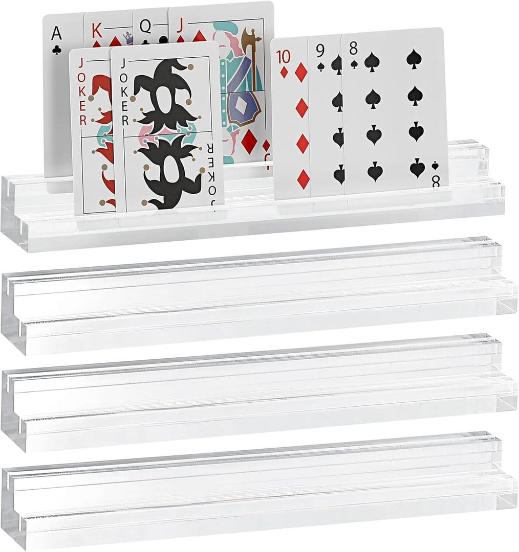 OwnMy 4PCS Clear Acrylic Playing Card Holders with Dual Grooves, Trapezoidal Playing Card Decks Card Stands with 2 Slots, Acrylic Game Card Racks for Seniors