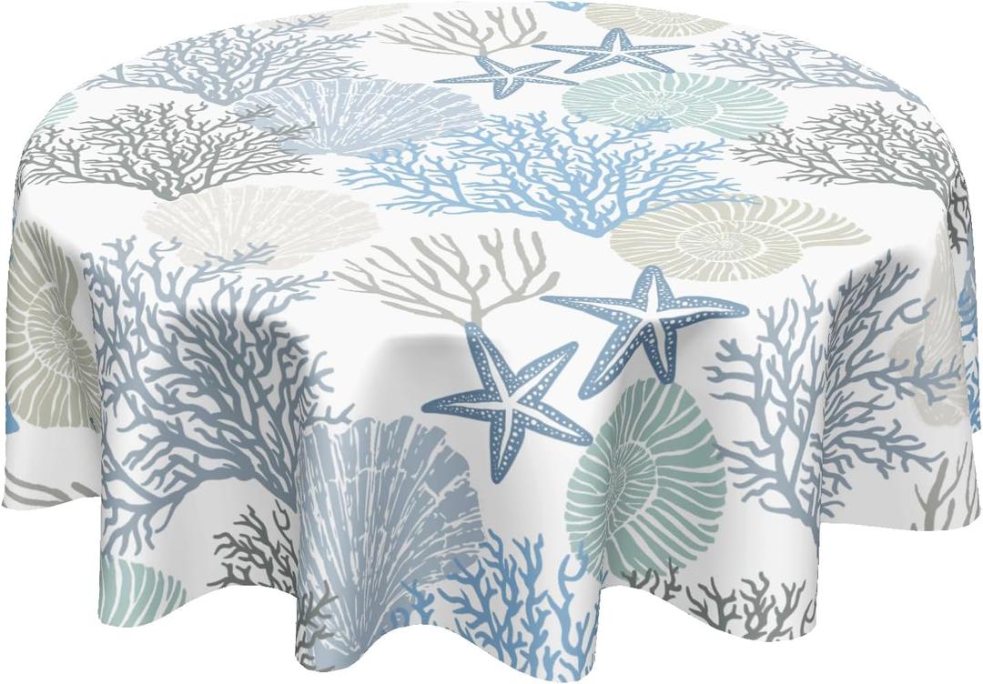 Nautical Coastal Round Tablecloth 60 Inch Summer Blue Ocean Coral Starfish Seashell Print Table Cloth Beach Theme Washable Polyester Table Cover for Kitchen Dining Room Party Indoor Outdoor Home Decor