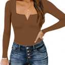 Chunpin Women's Short Sleeve Bodysuit Square Neck Notch V Neck Bodysuits Double Lined Tops Going Out Outfits Thong Bodysuits (Brown, M)