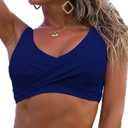 Fanuerg Women's Twist Front Bikini Top V Neck Push Up Padded Swimsuit Top Bathing Suits Navy Blue, Small