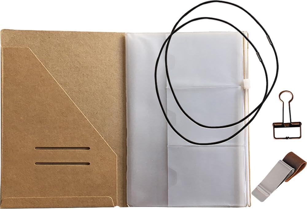 newestor A5 Travelers Notebook Accessories Kit - Kraft File Folder, Zipper Case, Pen Holder, Binder Clip and 2 Elastic Bands