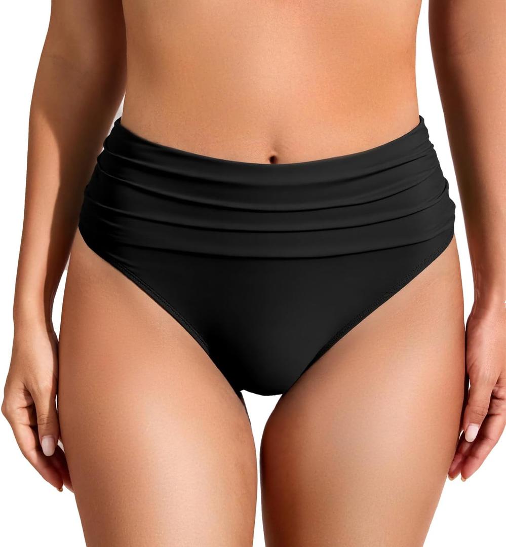 COCOPEAR Full Coverage Bikini Bottoms for Women Mid Rise Bathing Suit Bottoms for Women Ruched Tummy Control Swim Bottoms (L, 2# Black)