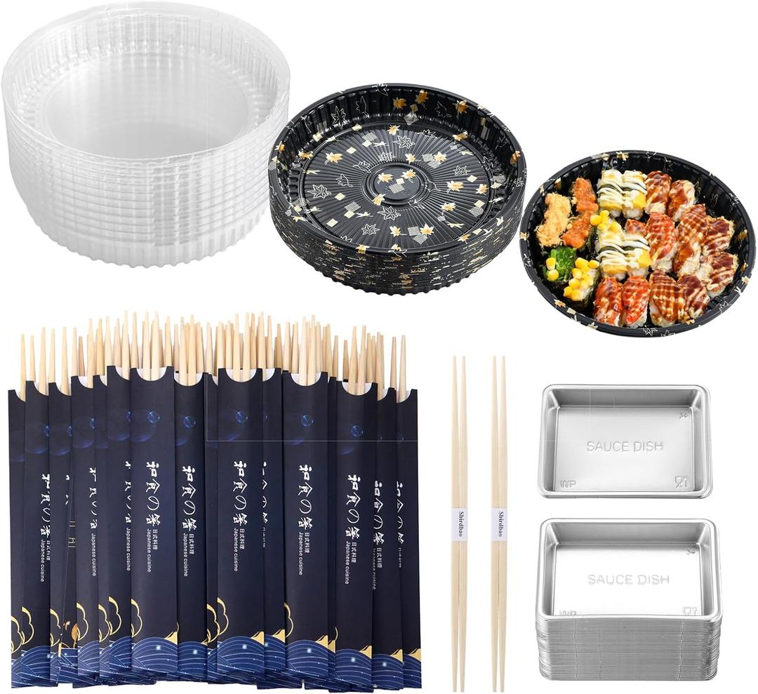Disposable Dinnerware Set for 25pcs Sushi Trays Containers with Lids 9.8 x 2.4 Inch Disposable Sushi Take Out Boxes, 50 Pairs Japanese Bamboo Chopsticks, 100pcs Soy Sauce Dishes