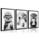 LLEEMPI Funny Bathroom Wall Art Set of 3, Cute Raccoon Poster Prints, Humor Animals Canvas Paintings, Fashion Minimalist Black White Wall Decor for Restroom Nursery Bedroom Wood Framed 16x24 inch