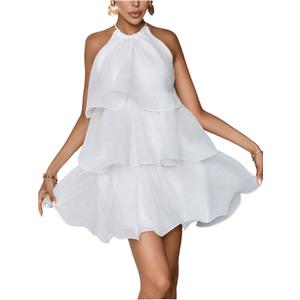 MakeMeChic Women's Wedding Guest Halter Mini Dress Ruffle Layered Sleeveless Summer Short Dress Flowy Small